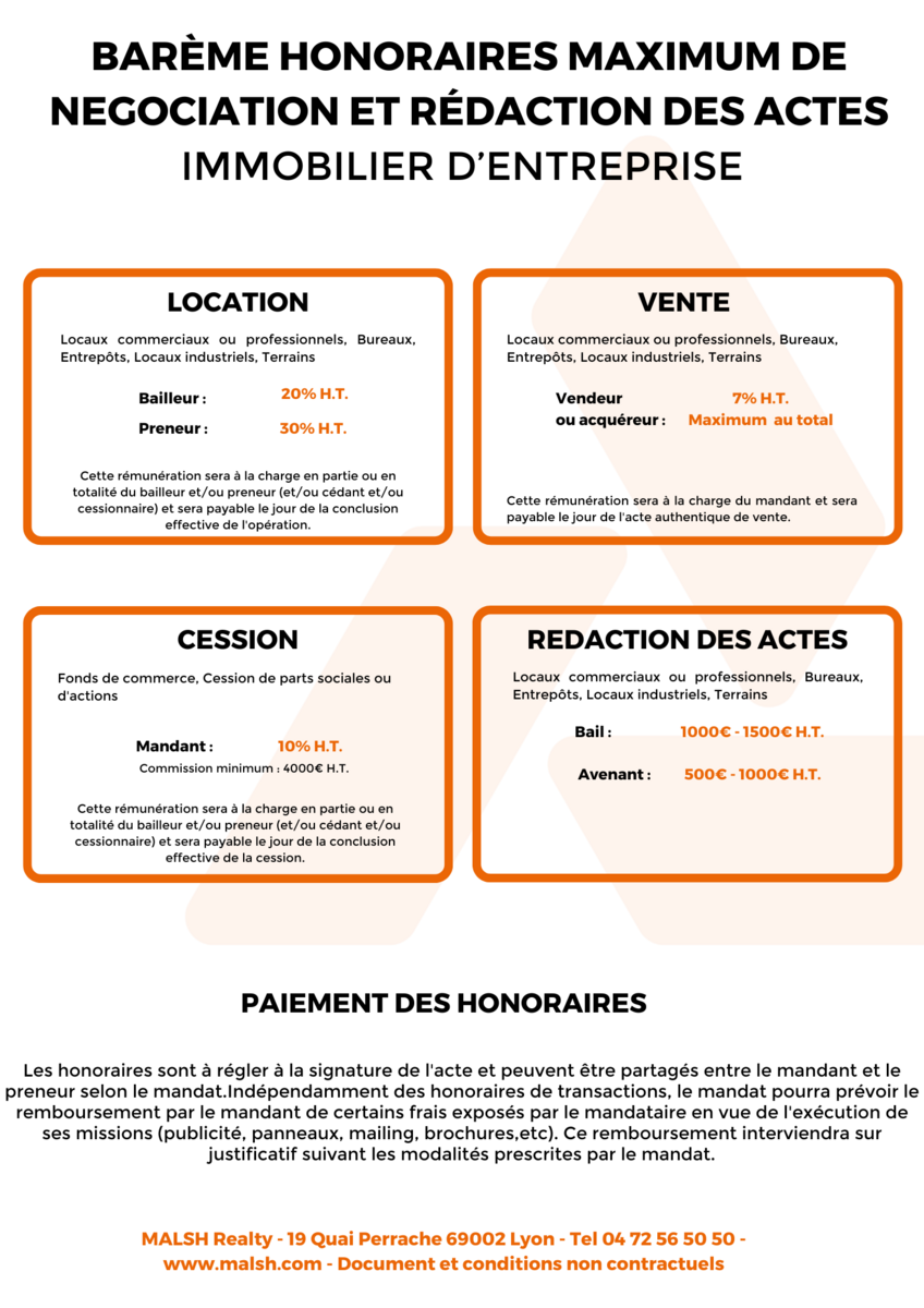 Honoraires MALSH Realty - Transaction en immobilier d'entreprise - Location, Vente, Cession Honoraires MALSH Realty - Transaction en immobilier d'entreprise - Location, Vente, Cession